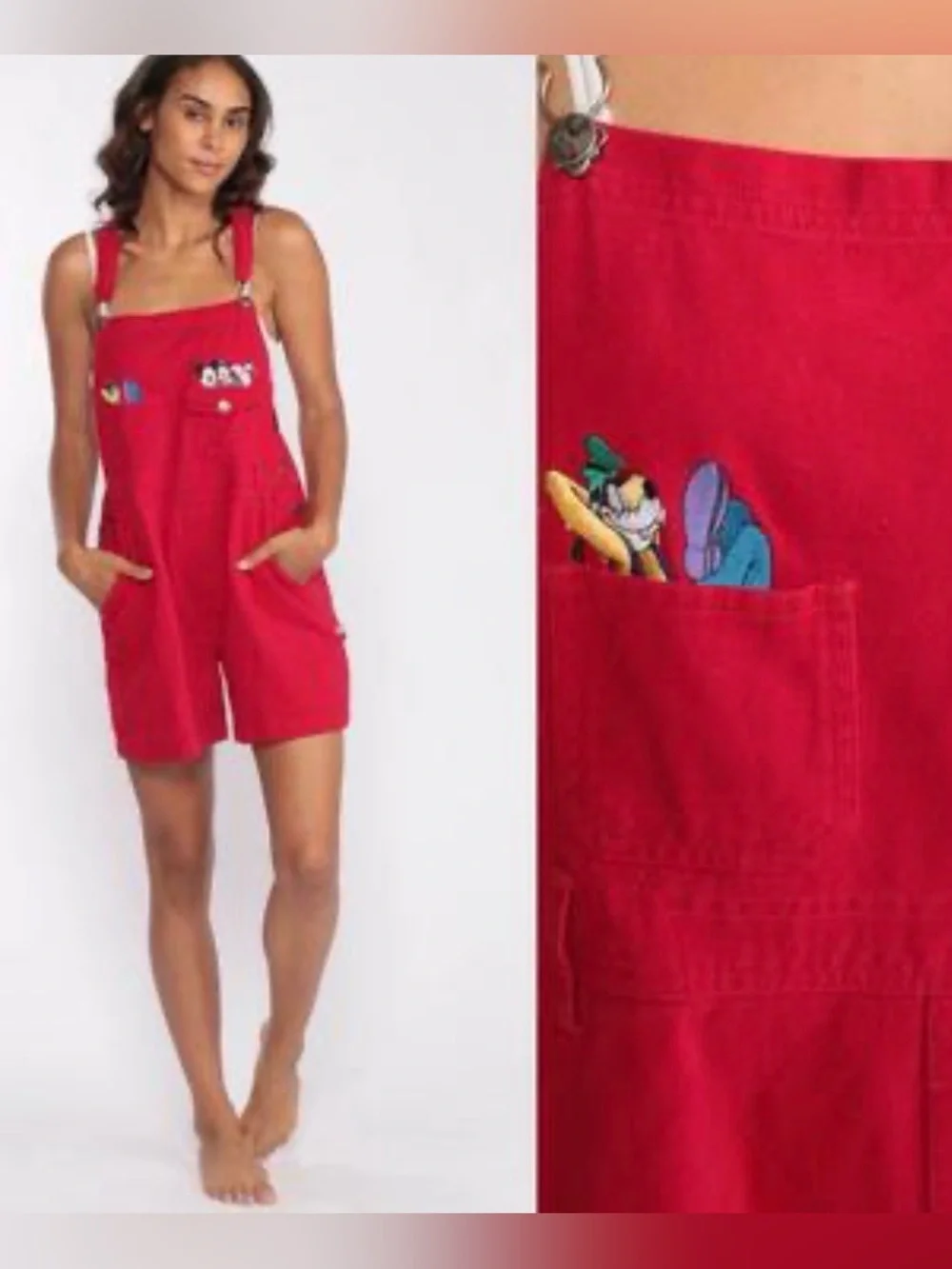 Vintage Disney Mickey Mouse Red Denim Embroidered Shortalls Overalls Wmn’s Sz L